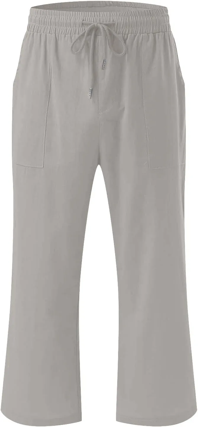 Capri Pant for Women 2024 Casual Trendy Summer Drawstring Elastic Waist Linen Pant Straight Wide Leg Cropped Trouser