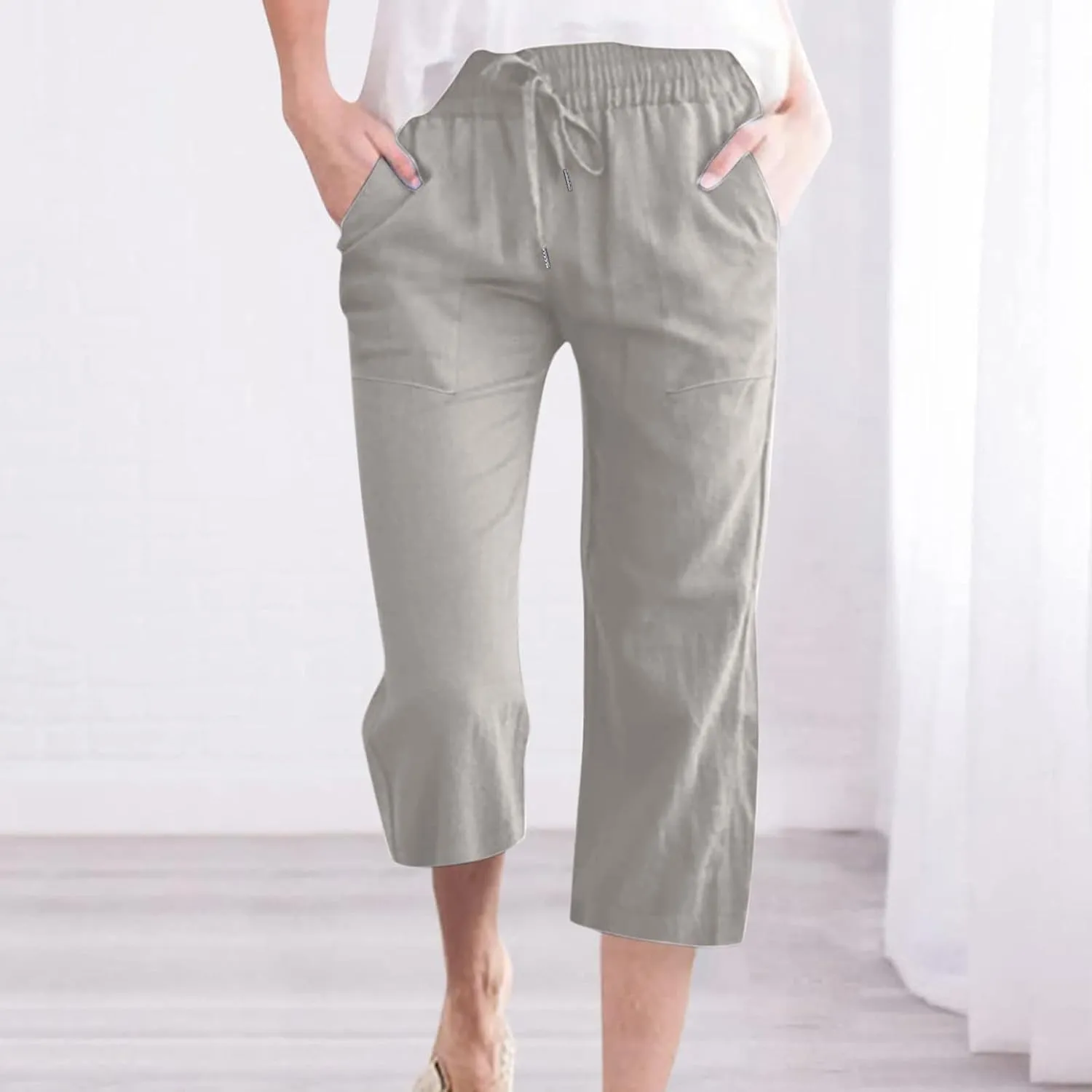 Capri Pant for Women 2024 Casual Trendy Summer Drawstring Elastic Waist Linen Pant Straight Wide Leg Cropped Trouser