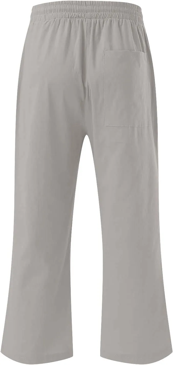 Capri Pant for Women 2024 Casual Trendy Summer Drawstring Elastic Waist Linen Pant Straight Wide Leg Cropped Trouser