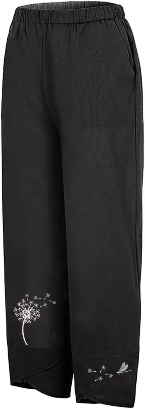 Capri Pants for Women 2025 Summer Cotton Linen Dandelion Cropped Pants High Waisted Baggy Beach Trousers with Pockets