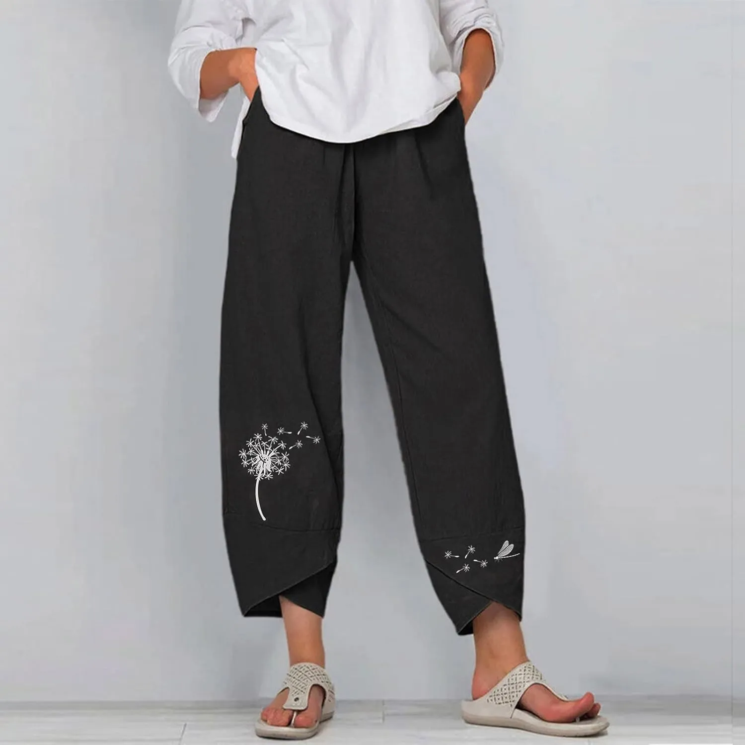 Capri Pants for Women 2025 Summer Cotton Linen Dandelion Cropped Pants High Waisted Baggy Beach Trousers with Pockets