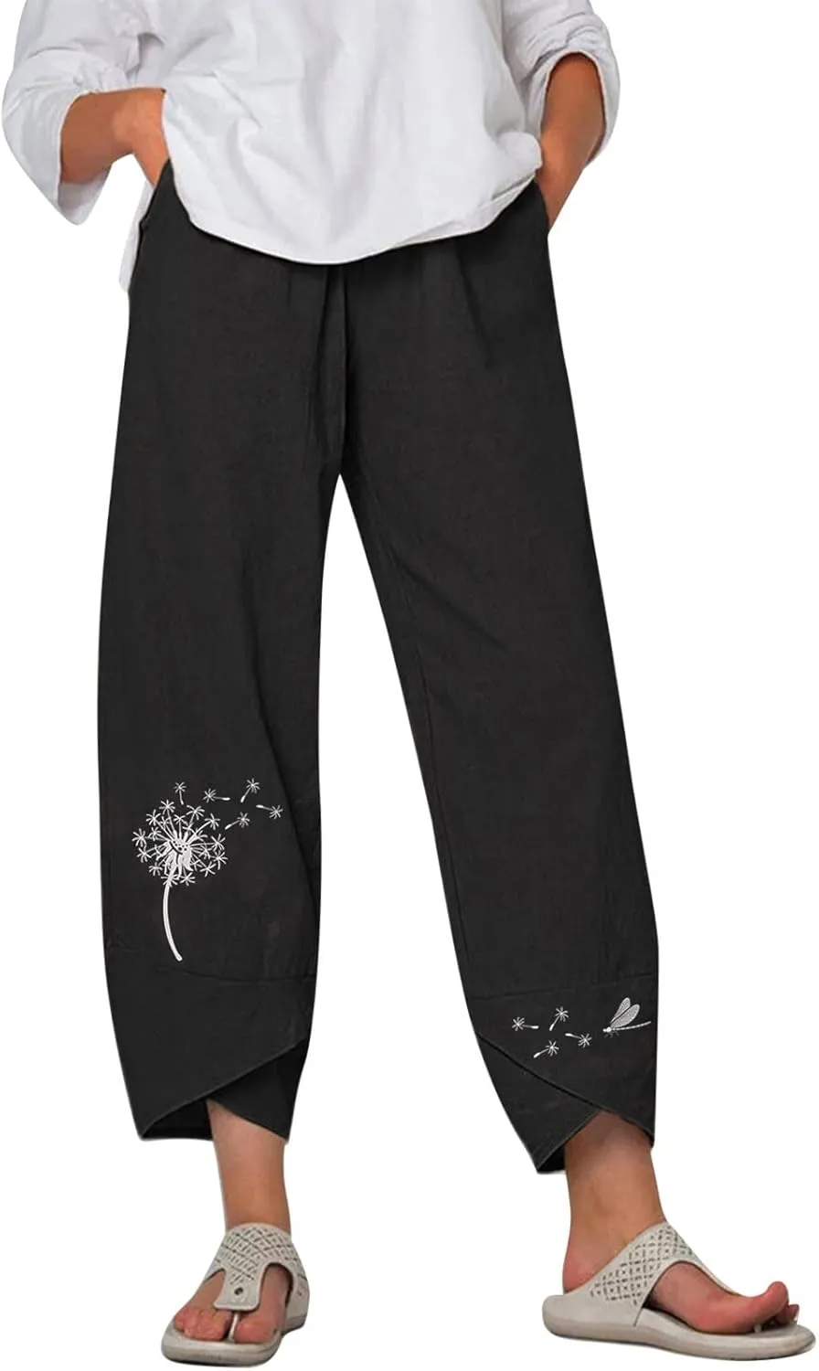 Capri Pants for Women 2025 Summer Cotton Linen Dandelion Cropped Pants High Waisted Baggy Beach Trousers with Pockets