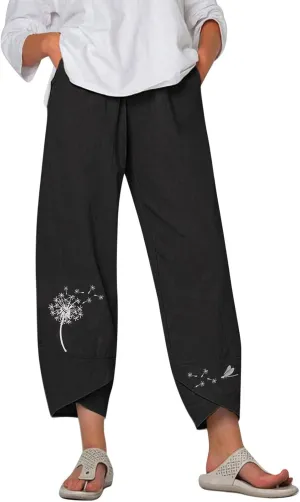 Capri Pants for Women 2025 Summer Cotton Linen Dandelion Cropped Pants High Waisted Baggy Beach Trousers with Pockets