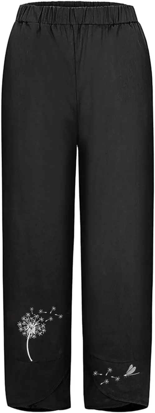Capri Pants for Women 2025 Summer Cotton Linen Dandelion Cropped Pants High Waisted Baggy Beach Trousers with Pockets