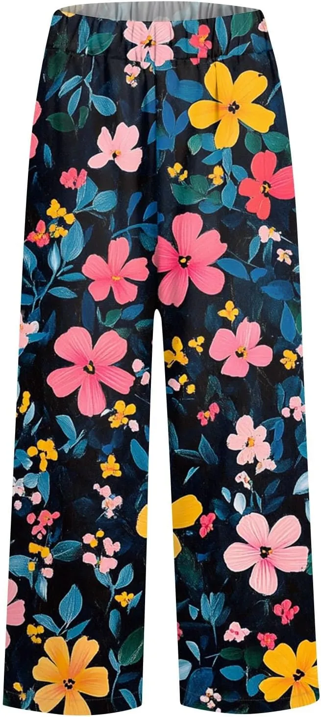 Capri Pants for Women Boho Floral Casual Linen Pants Elastic Waisted Drawstring Summer Beach Trouser with Pockets