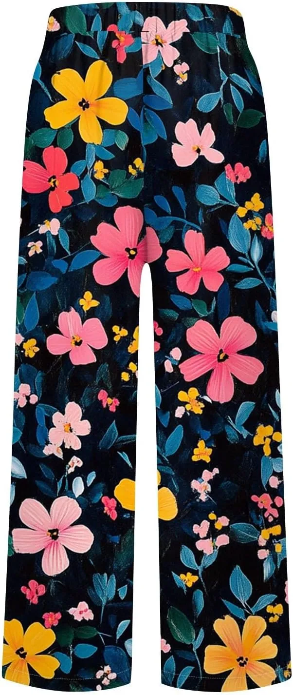 Capri Pants for Women Boho Floral Casual Linen Pants Elastic Waisted Drawstring Summer Beach Trouser with Pockets