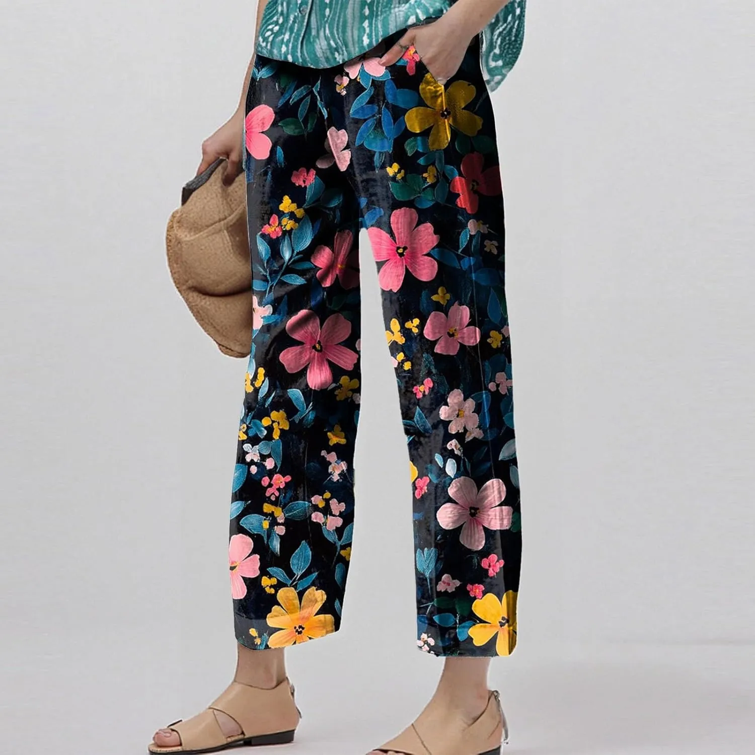 Capri Pants for Women Boho Floral Casual Linen Pants Elastic Waisted Drawstring Summer Beach Trouser with Pockets
