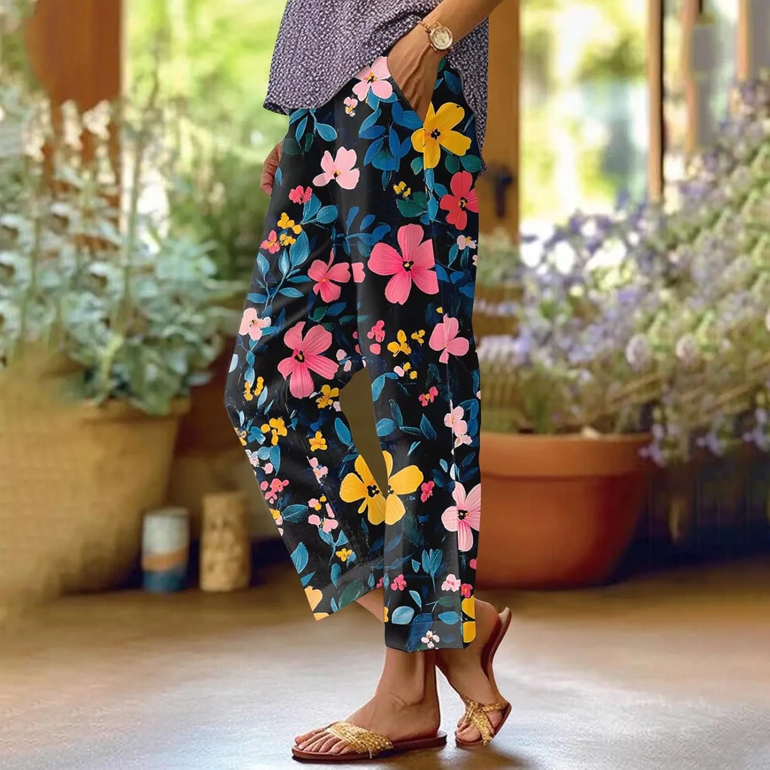 Capri Pants for Women Boho Floral Casual Linen Pants Elastic Waisted Drawstring Summer Beach Trouser with Pockets