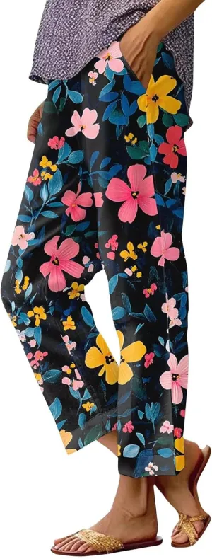 Capri Pants for Women Boho Floral Casual Linen Pants Elastic Waisted Drawstring Summer Beach Trouser with Pockets