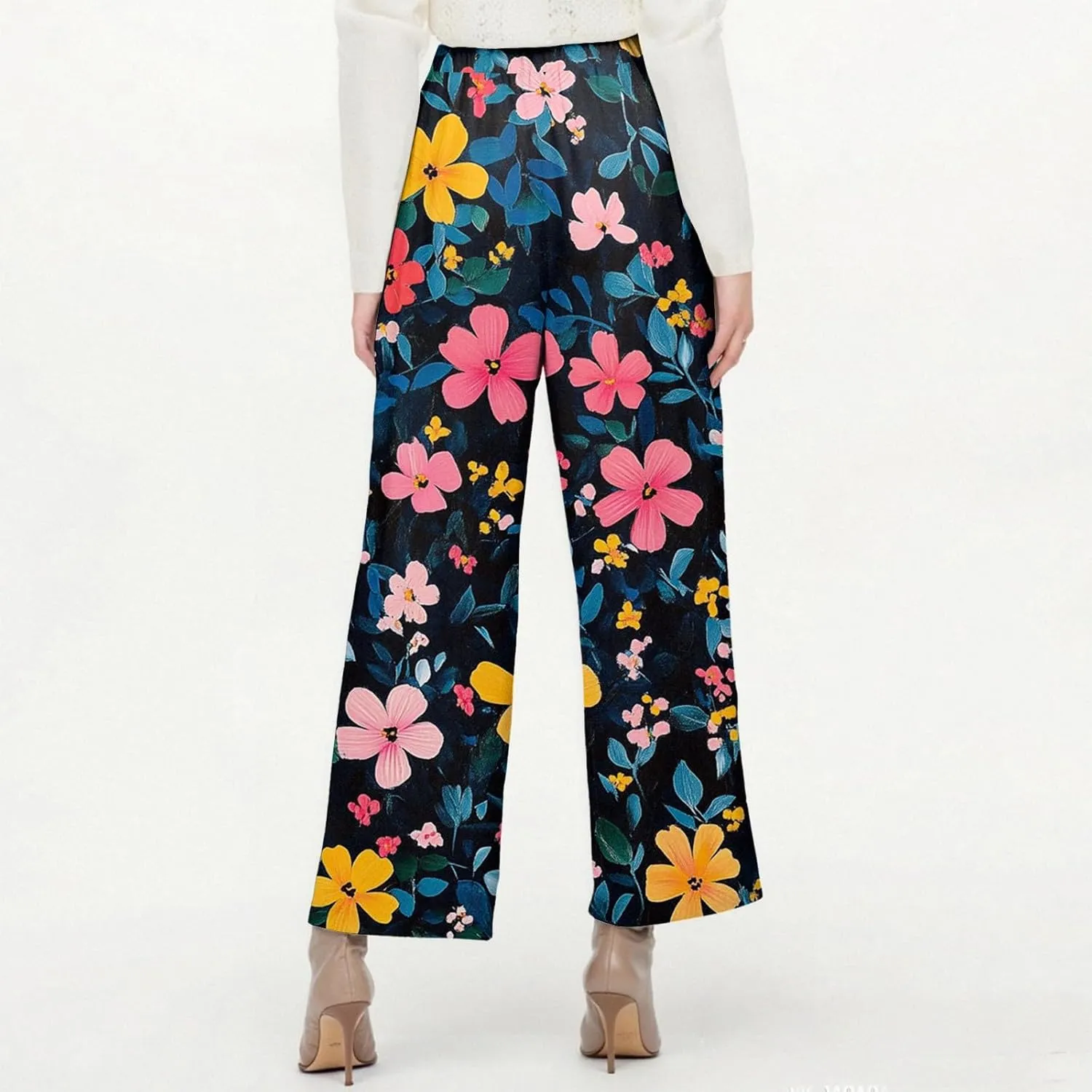 Capri Pants for Women Boho Floral Casual Linen Pants Elastic Waisted Drawstring Summer Beach Trouser with Pockets