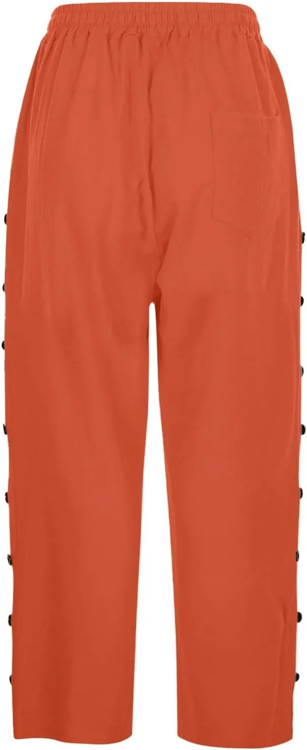 Capri Pants for Women Casual Summer Drawstring High Waisted Cotton Linen Pants Beach Vacation Clothes with Pockets