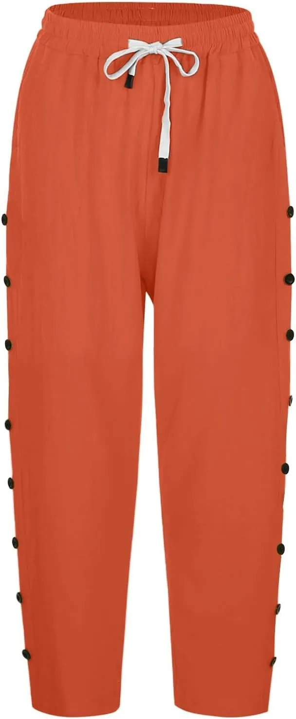 Capri Pants for Women Casual Summer Drawstring High Waisted Cotton Linen Pants Beach Vacation Clothes with Pockets