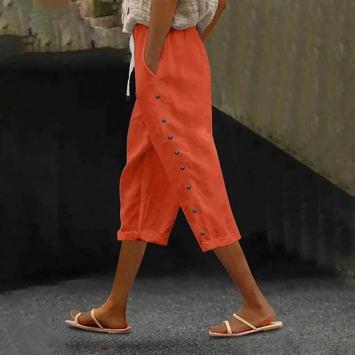 Capri Pants for Women Casual Summer Drawstring High Waisted Cotton Linen Pants Beach Vacation Clothes with Pockets