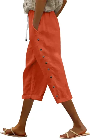 Capri Pants for Women Casual Summer Drawstring High Waisted Cotton Linen Pants Beach Vacation Clothes with Pockets
