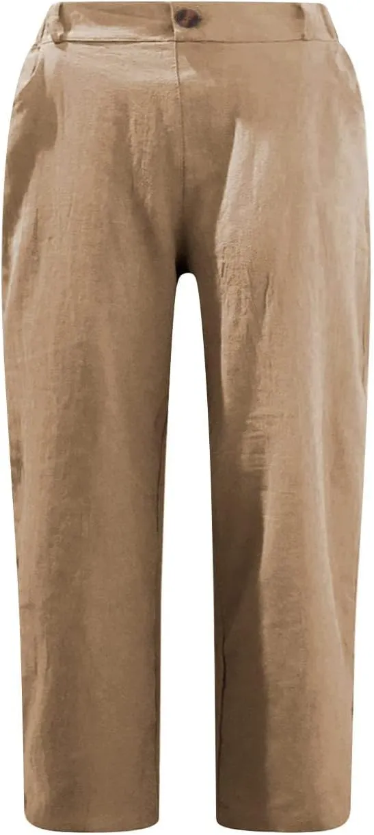 Capri Pants for Women Casual Summer Straight Elastic Waist Trousers Button Up Cotton Linen Cropped Comfy Beach Pants