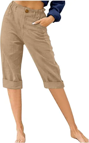 Capri Pants for Women Casual Summer Straight Elastic Waist Trousers Button Up Cotton Linen Cropped Comfy Beach Pants