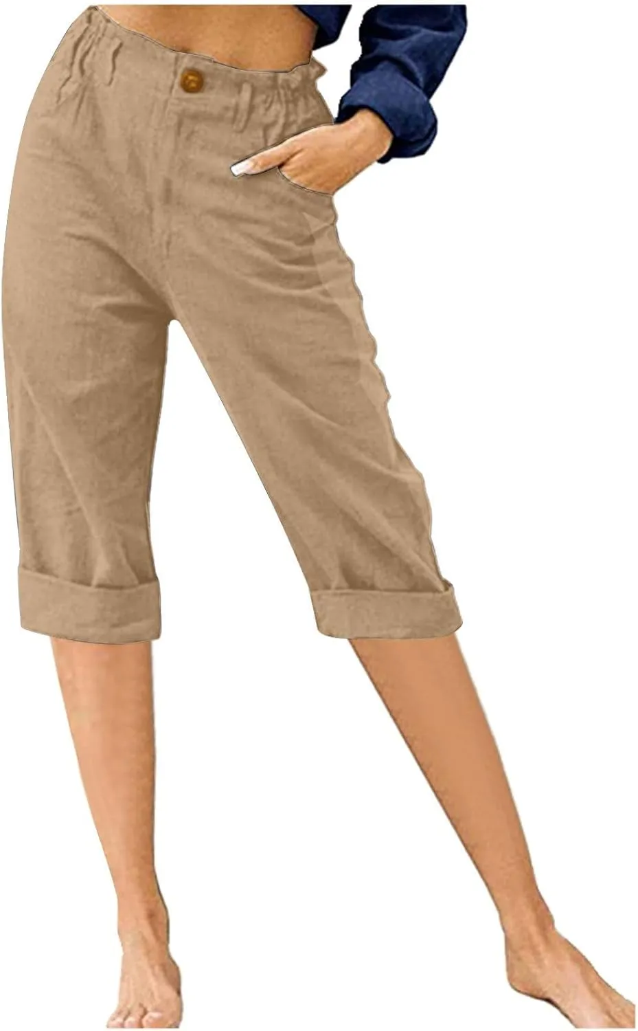 Capri Pants for Women Casual Summer Straight Elastic Waist Trousers Button Up Cotton Linen Cropped Comfy Beach Pants