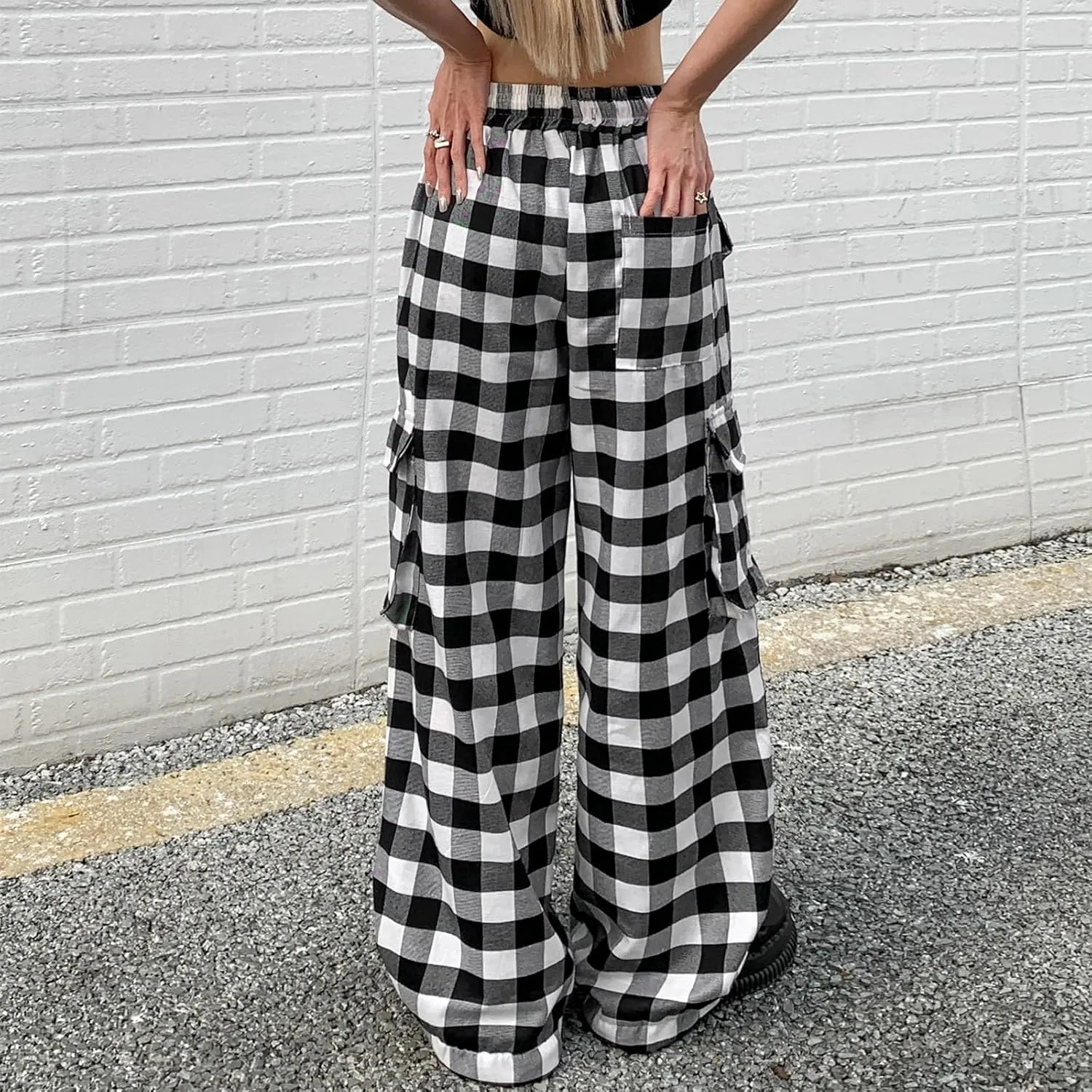 Cargo Pants for Women High Waisted Y2k Pink Plaid Wide Leg Pants with Pockets Baggy Teen Girls Adjustable Drawstring