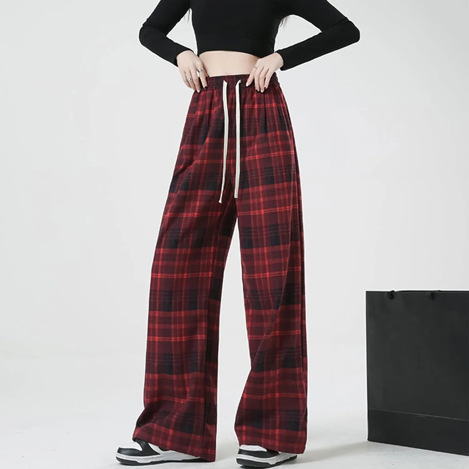 Cargo Pants for Women High Waisted Y2k Pink Plaid Wide Leg Pants with Pockets Baggy Teen Girls Adjustable Drawstring