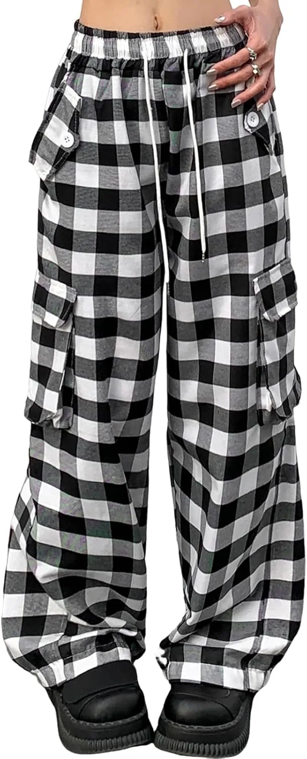 Cargo Pants for Women High Waisted Y2k Pink Plaid Wide Leg Pants with Pockets Baggy Teen Girls Adjustable Drawstring