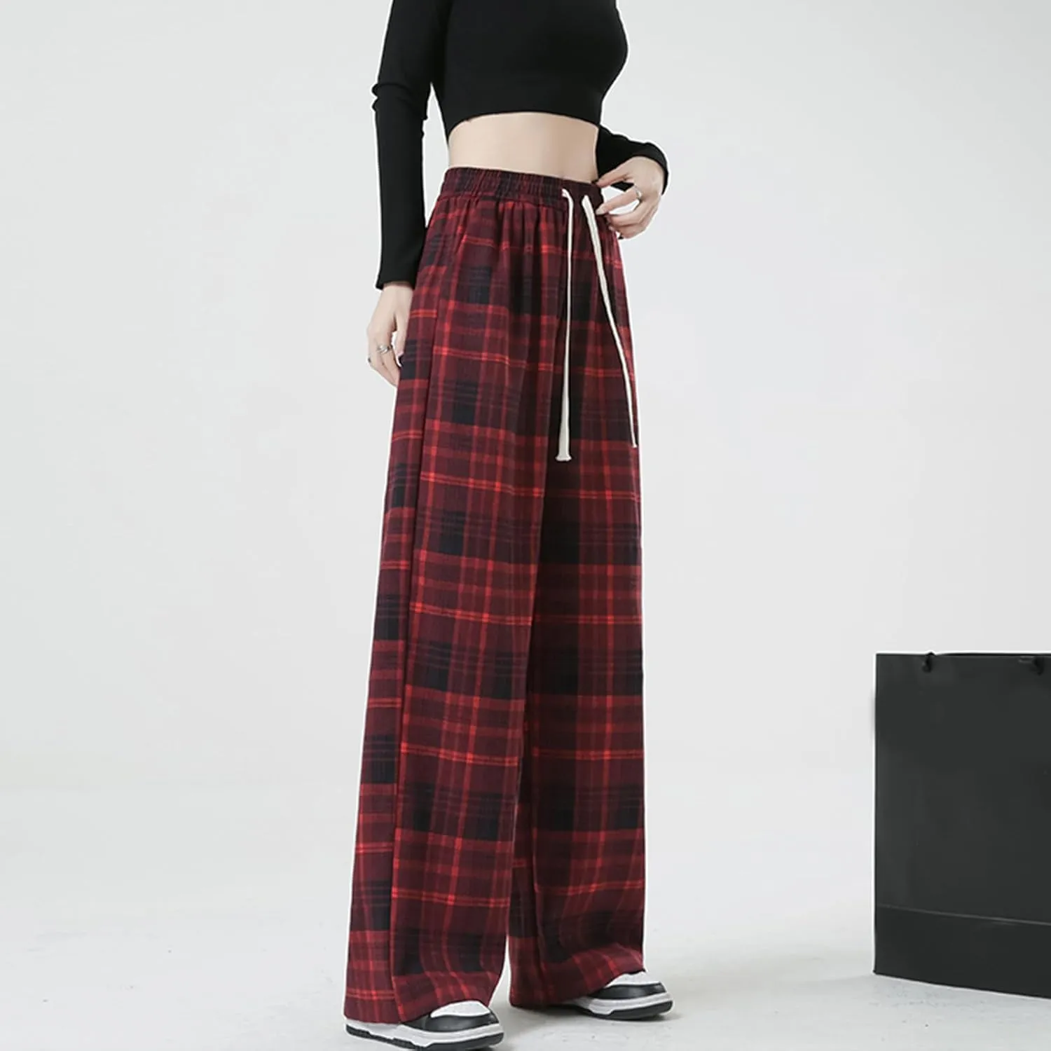 Cargo Pants for Women High Waisted Y2k Pink Plaid Wide Leg Pants with Pockets Baggy Teen Girls Adjustable Drawstring