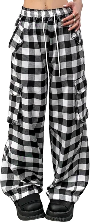 Cargo Pants for Women High Waisted Y2k Pink Plaid Wide Leg Pants with Pockets Baggy Teen Girls Adjustable Drawstring