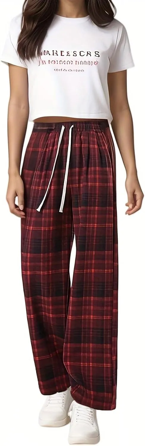 Cargo Pants for Women High Waisted Y2k Pink Plaid Wide Leg Pants with Pockets Baggy Teen Girls Adjustable Drawstring