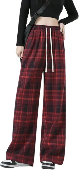 Cargo Pants for Women High Waisted Y2k Pink Plaid Wide Leg Pants with Pockets Baggy Teen Girls Adjustable Drawstring