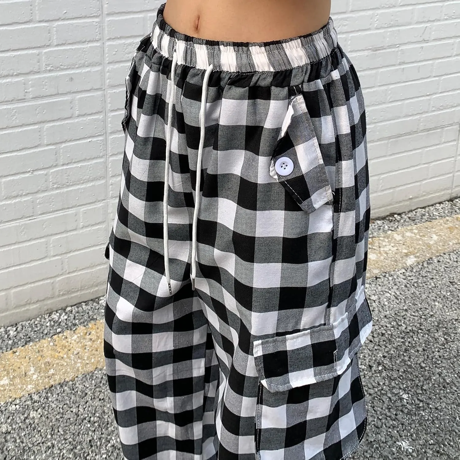Cargo Pants for Women High Waisted Y2k Pink Plaid Wide Leg Pants with Pockets Baggy Teen Girls Adjustable Drawstring