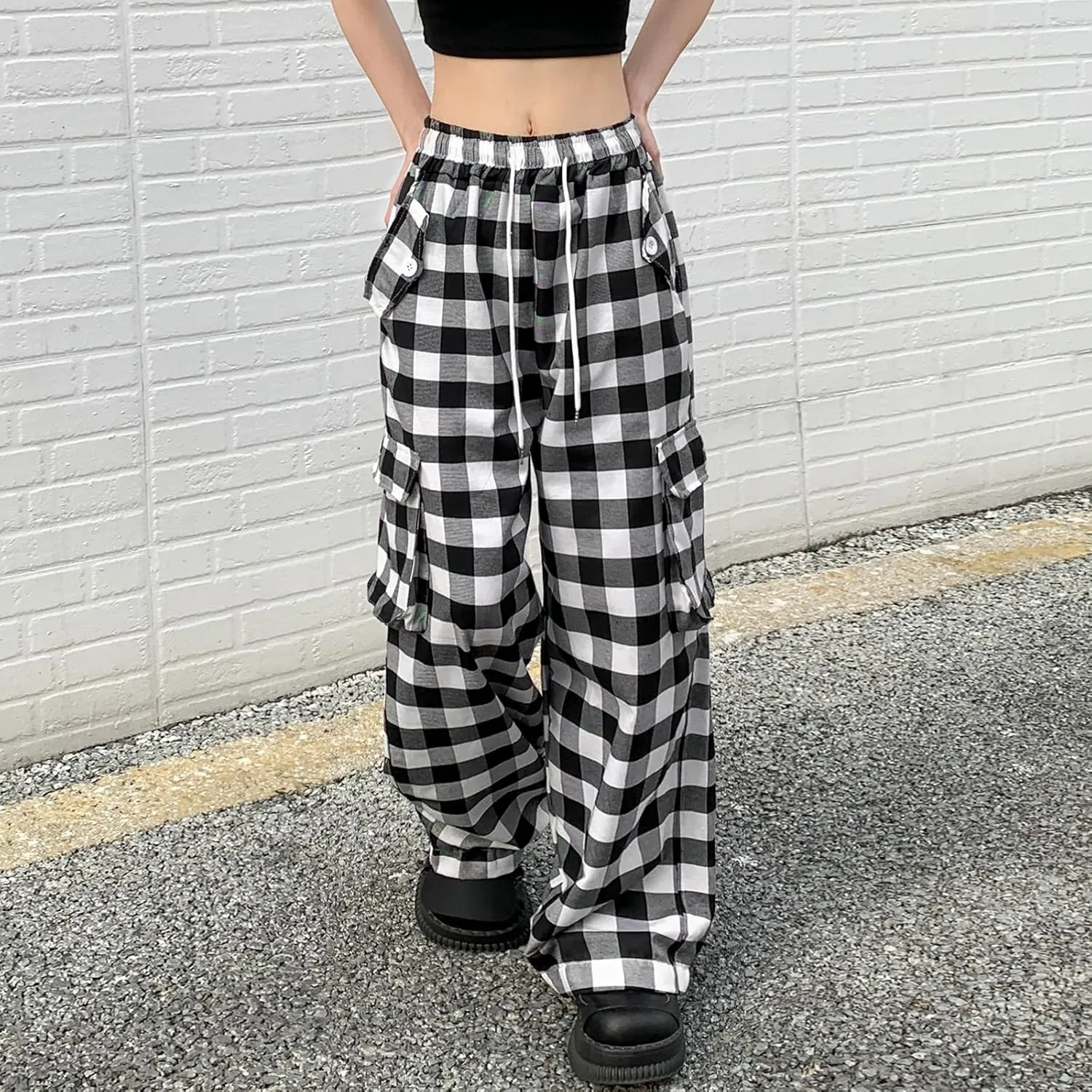 Cargo Pants for Women High Waisted Y2k Pink Plaid Wide Leg Pants with Pockets Baggy Teen Girls Adjustable Drawstring