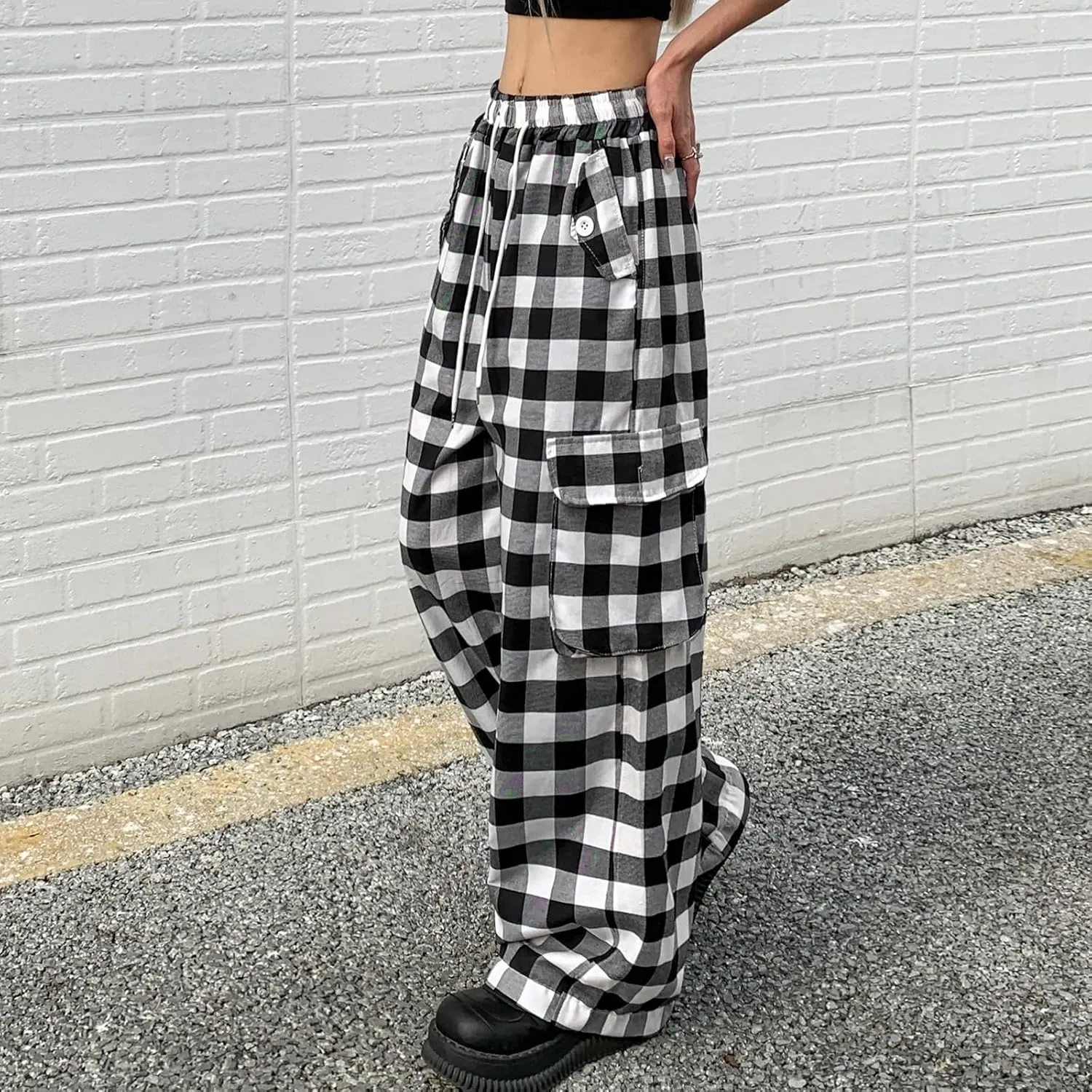 Cargo Pants for Women High Waisted Y2k Pink Plaid Wide Leg Pants with Pockets Baggy Teen Girls Adjustable Drawstring