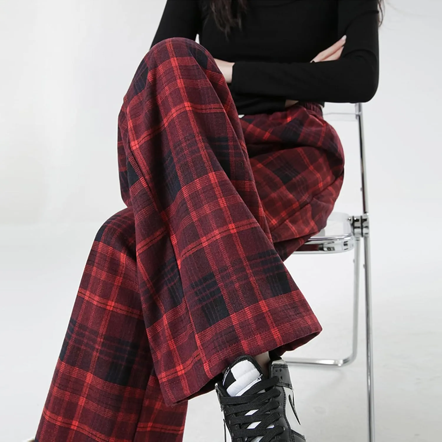 Cargo Pants for Women High Waisted Y2k Pink Plaid Wide Leg Pants with Pockets Baggy Teen Girls Adjustable Drawstring