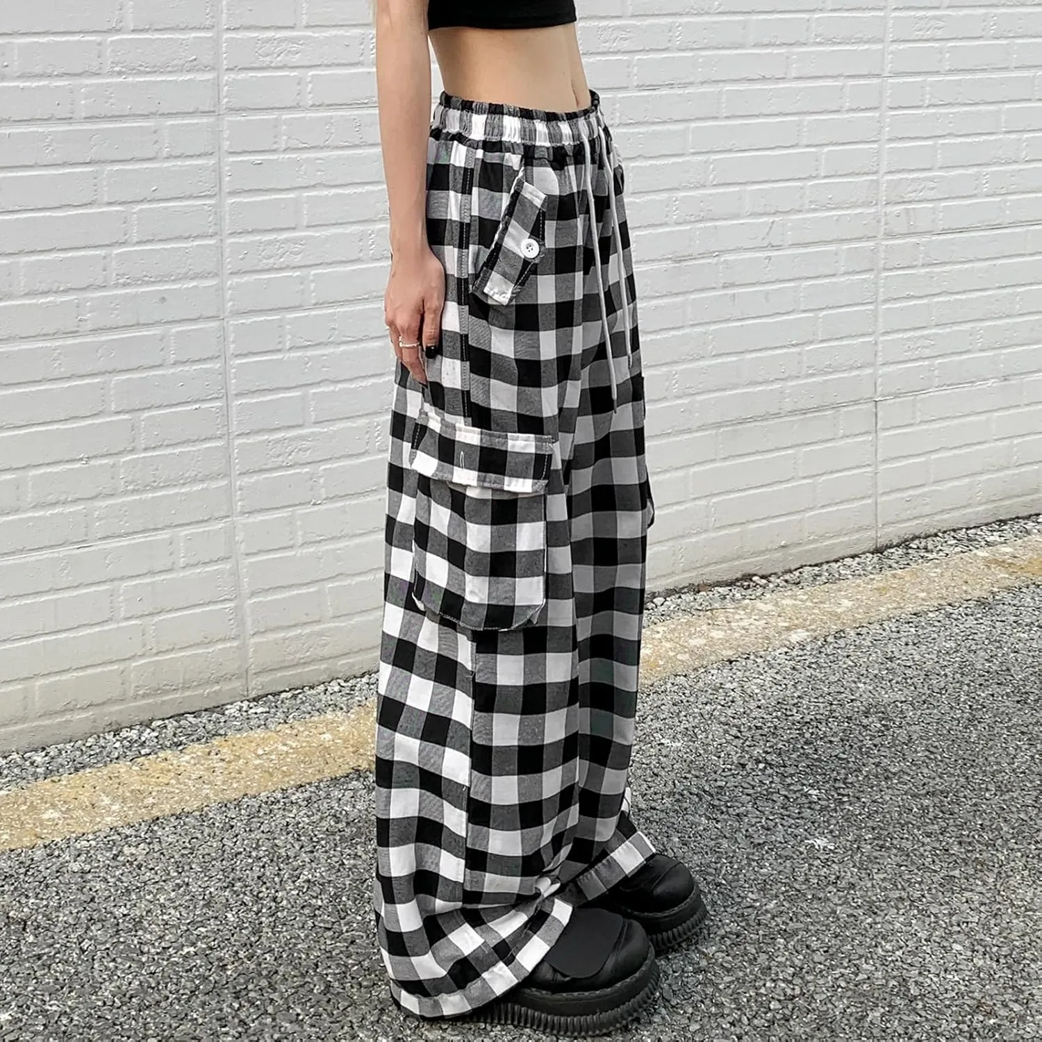Cargo Pants for Women High Waisted Y2k Pink Plaid Wide Leg Pants with Pockets Baggy Teen Girls Adjustable Drawstring