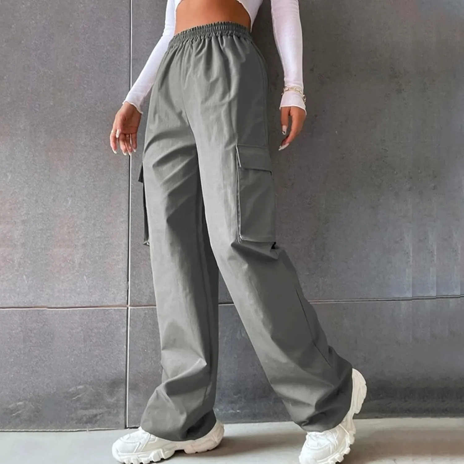 Cargo Pants Women Elastic High Waisted Wide Leg Pants Loose Summer Casual Trendy Streetwear Y2K Trousers with Pockets