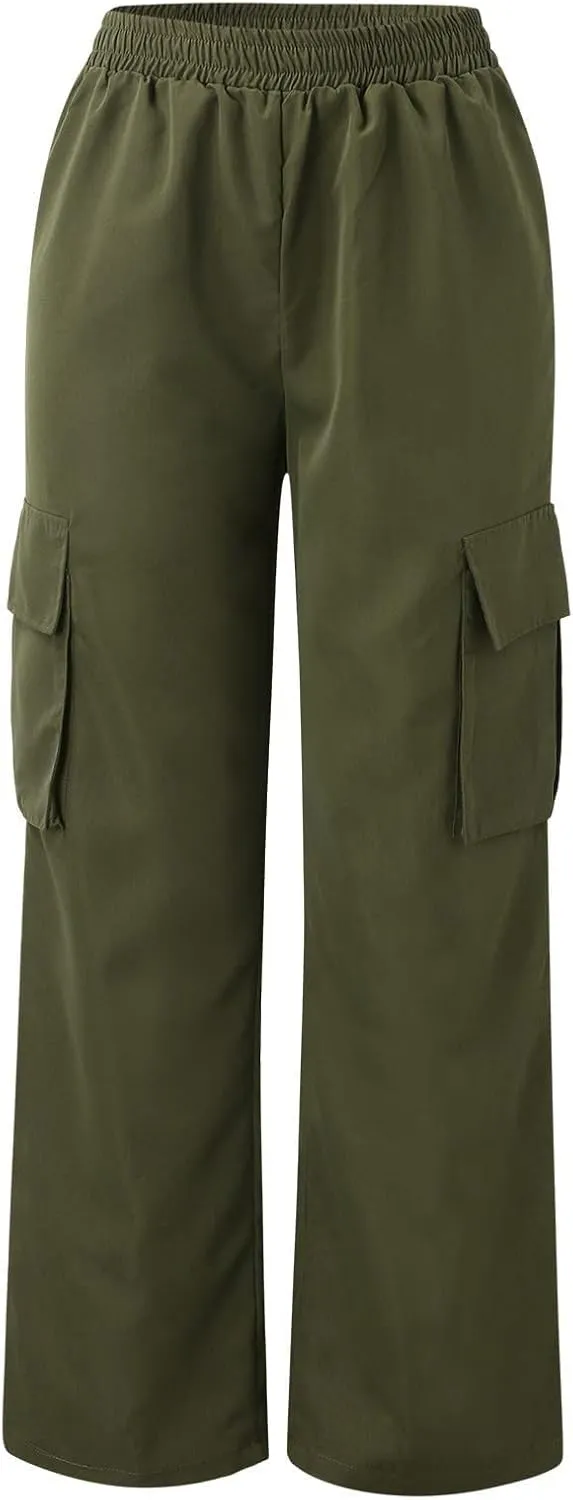 Cargo Pants Women Elastic High Waisted Wide Leg Pants Loose Summer Casual Trendy Streetwear Y2K Trousers with Pockets
