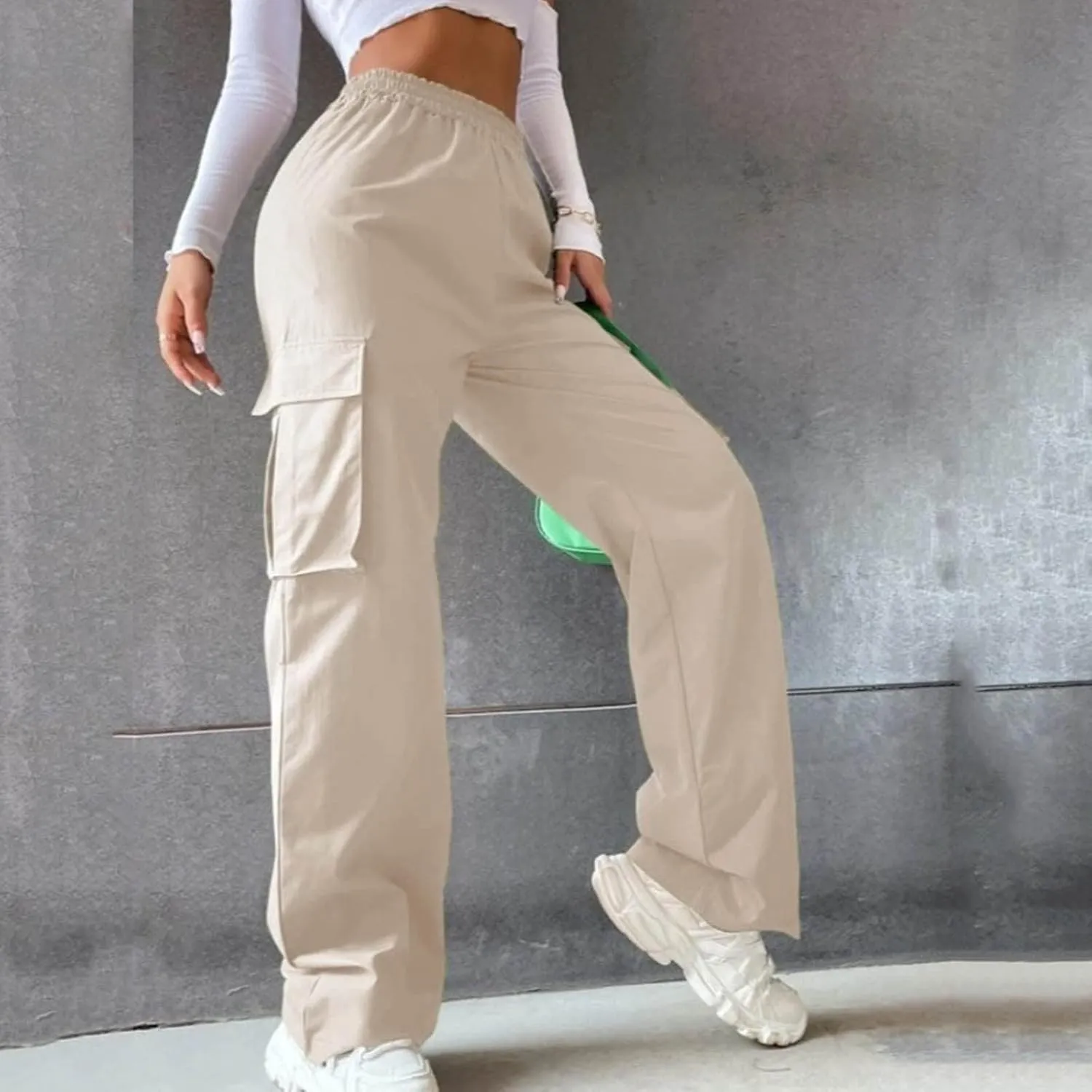 Cargo Pants Women Elastic High Waisted Wide Leg Pants Loose Summer Casual Trendy Streetwear Y2K Trousers with Pockets