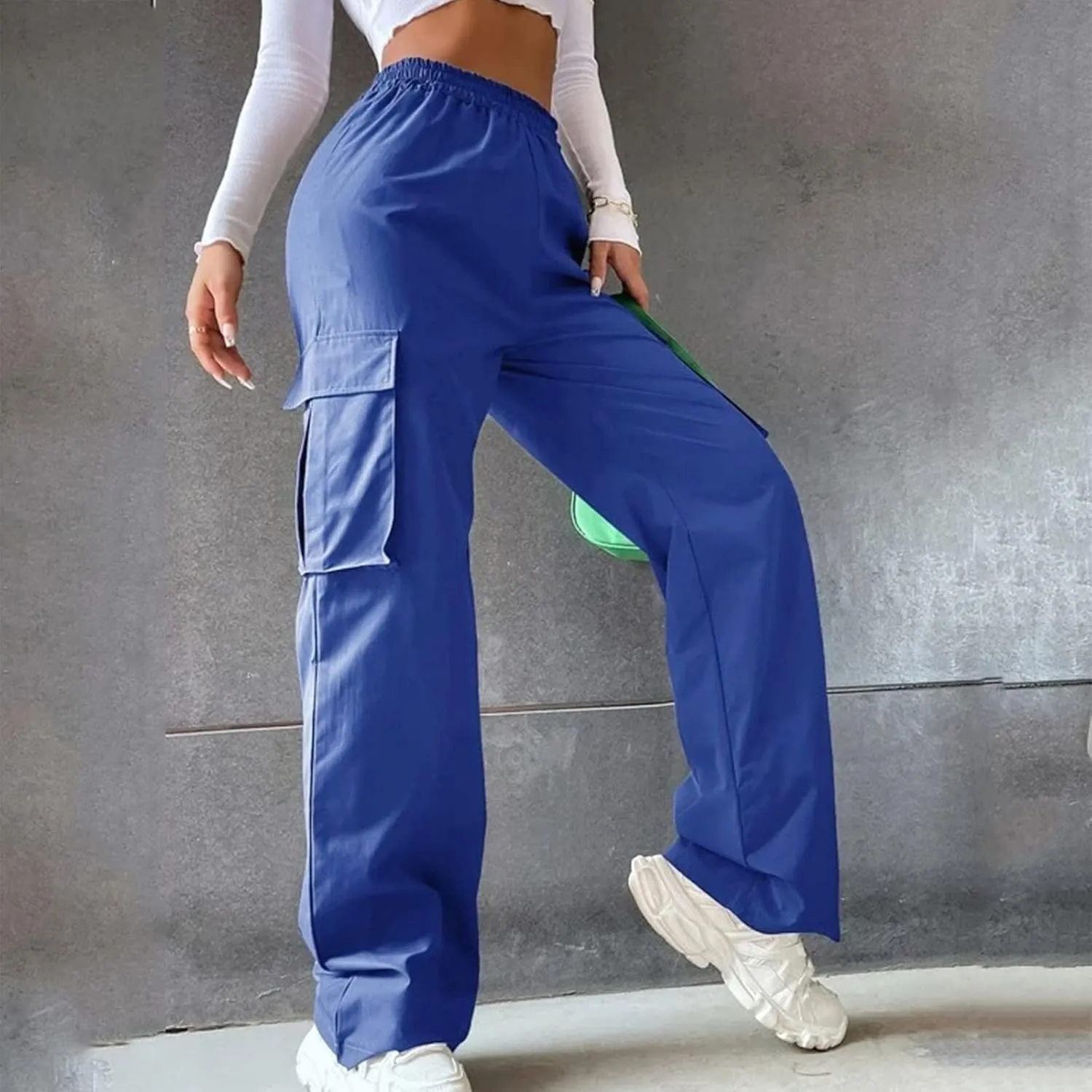 Cargo Pants Women Elastic High Waisted Wide Leg Pants Loose Summer Casual Trendy Streetwear Y2K Trousers with Pockets