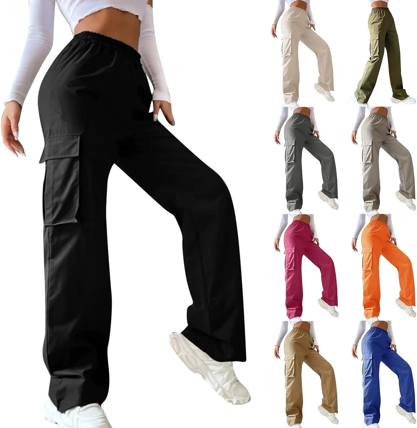 Cargo Pants Women Elastic High Waisted Wide Leg Pants Loose Summer Casual Trendy Streetwear Y2K Trousers with Pockets