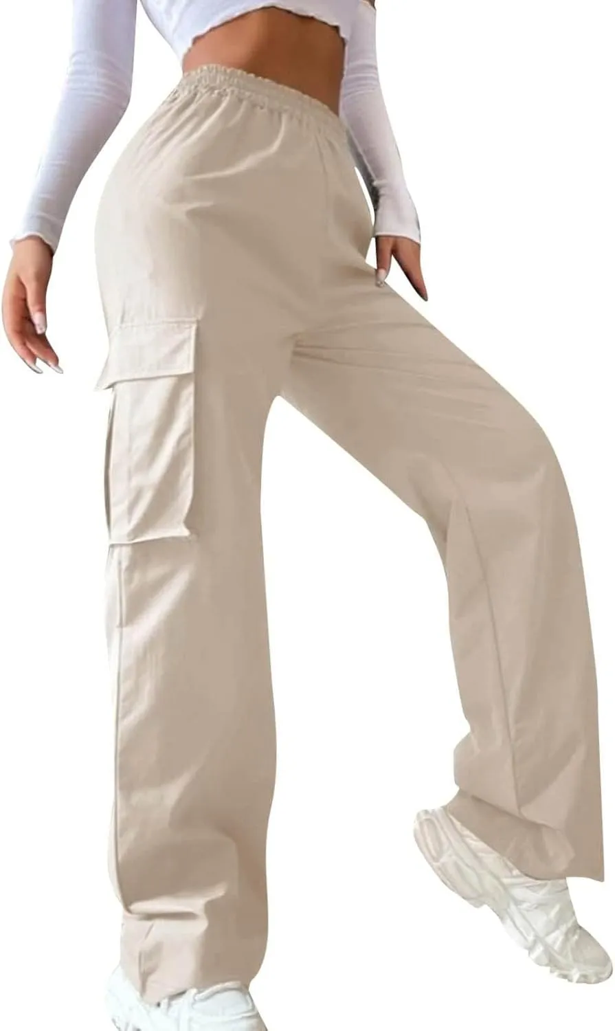 Cargo Pants Women Elastic High Waisted Wide Leg Pants Loose Summer Casual Trendy Streetwear Y2K Trousers with Pockets