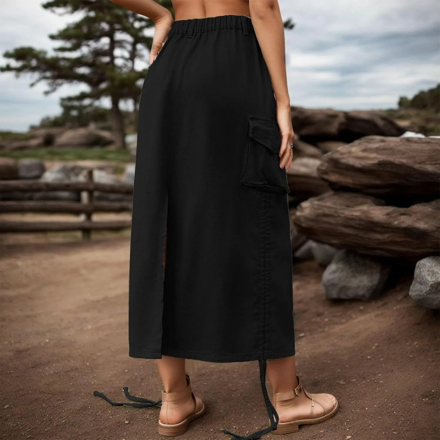 Cargo Skirts for Women High Waisted Long Skirt Adjustable Drawstring Solid Color Loose Fit Midi Denim Juniors