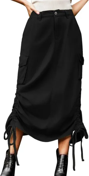 Cargo Skirts for Women High Waisted Long Skirt Adjustable Drawstring Solid Color Loose Fit Midi Denim Juniors