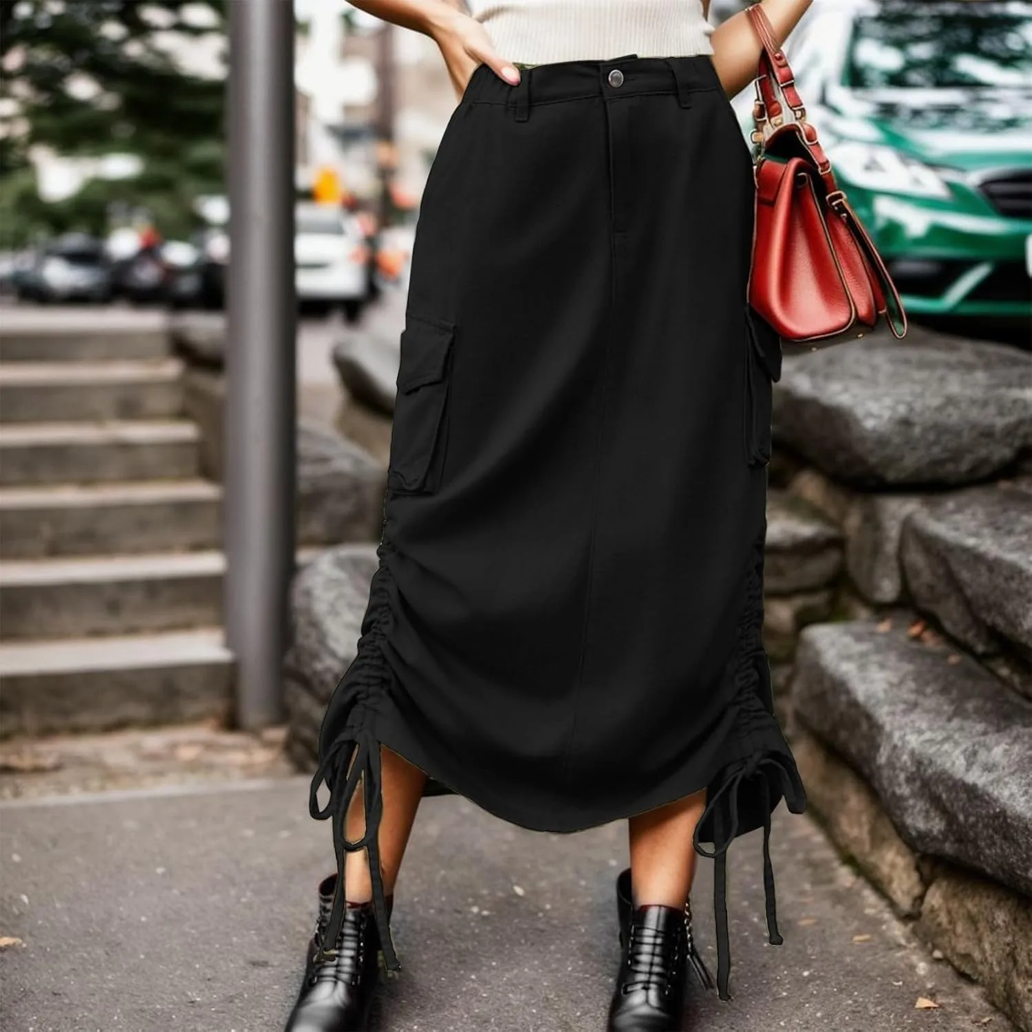 Cargo Skirts for Women High Waisted Long Skirt Adjustable Drawstring Solid Color Loose Fit Midi Denim Juniors