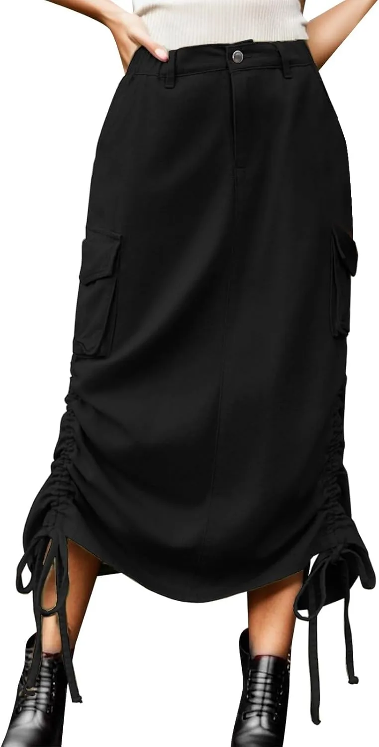 Cargo Skirts for Women High Waisted Long Skirt Adjustable Drawstring Solid Color Loose Fit Midi Denim Juniors