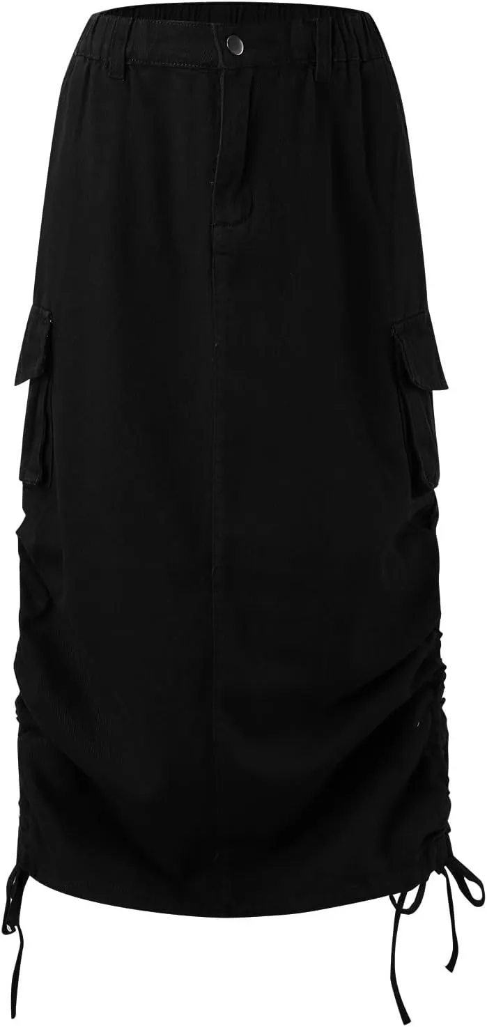 Cargo Skirts for Women High Waisted Long Skirt Adjustable Drawstring Solid Color Loose Fit Midi Denim Juniors