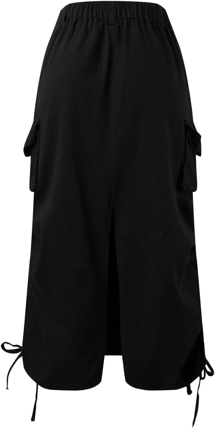 Cargo Skirts for Women High Waisted Long Skirt Adjustable Drawstring Solid Color Loose Fit Midi Denim Juniors