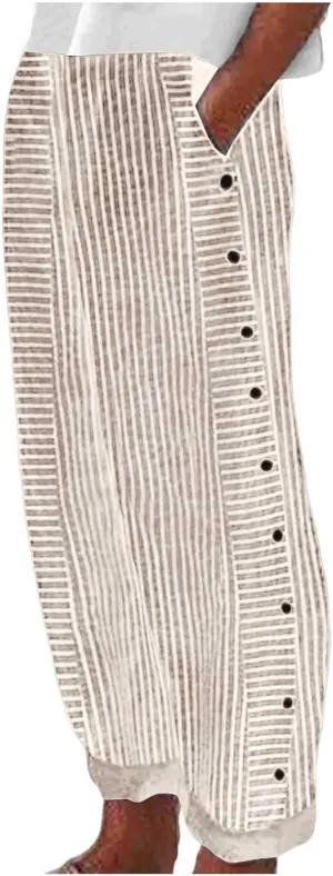 Casual Pants for Women Summer Trendy Striped Side Button Up Elastic Waist Straight Leg Trousers with Pockets