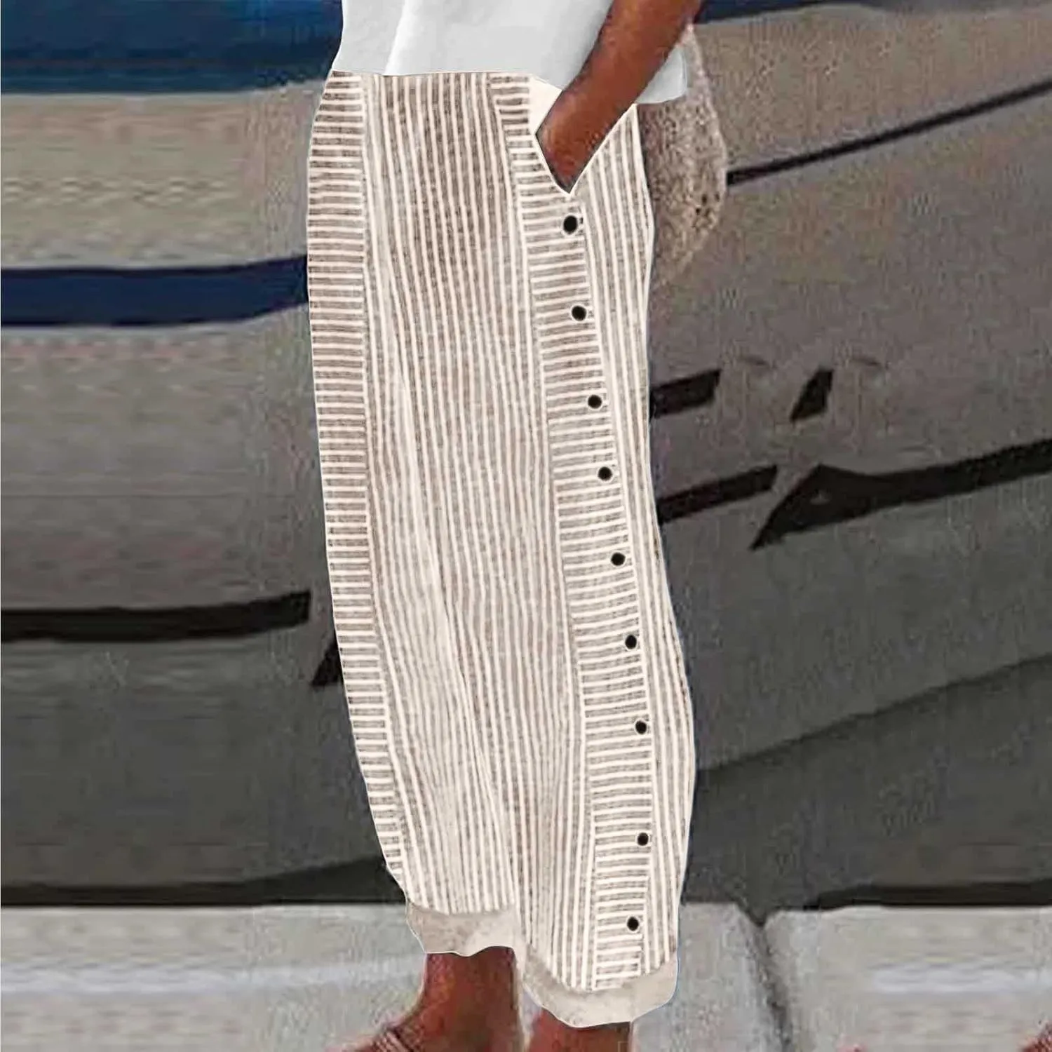 Casual Pants for Women Summer Trendy Striped Side Button Up Elastic Waist Straight Leg Trousers with Pockets