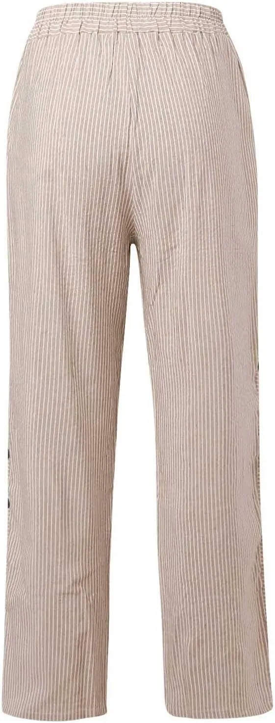 Casual Pants for Women Summer Trendy Striped Side Button Up Elastic Waist Straight Leg Trousers with Pockets
