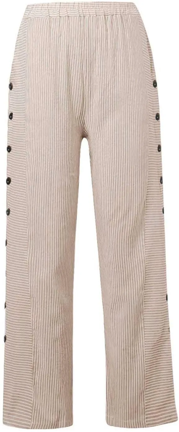 Casual Pants for Women Summer Trendy Striped Side Button Up Elastic Waist Straight Leg Trousers with Pockets