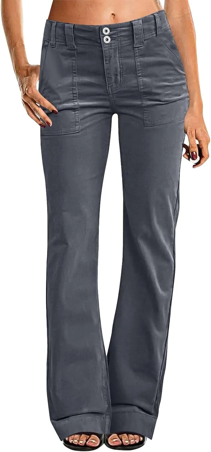 Causal Wide Leg Pants for Women Y2K Stretch Twill High Waisted Chino Pants Comfy Slim Fit Dress Pants with Pockets
